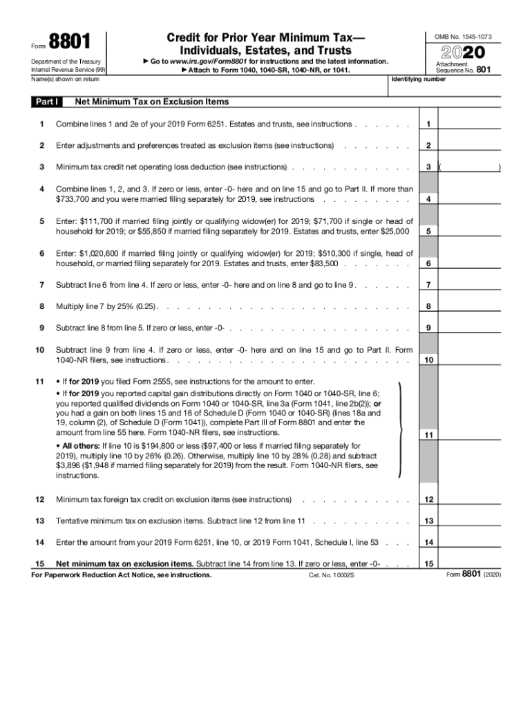  Form 8801 Credit for Prior Year Minimum TaxIndividuals, Estates, and Trusts 2020