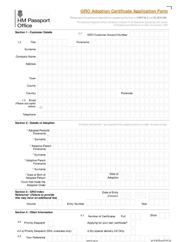 Fillable Online GRO Adoption Certificate Application Form