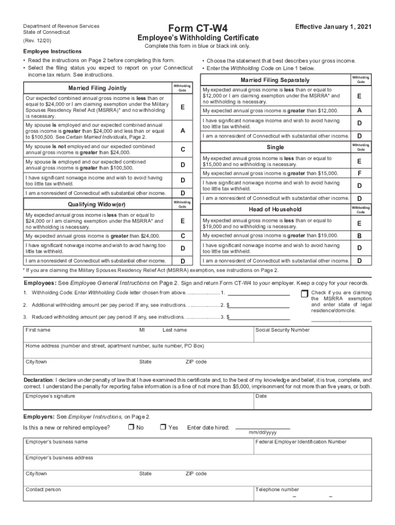  Form CT W4NA Effective January 1, 2021 Employees Withholding 2020