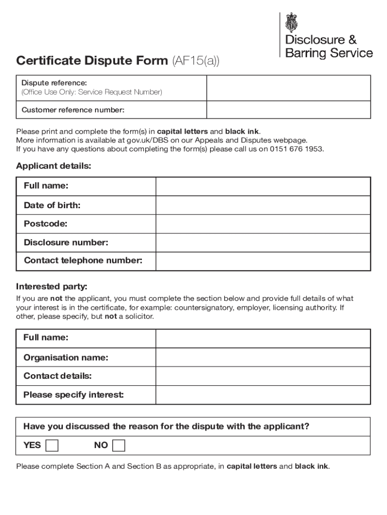  Certificate Dispute Form AF15a GOV UK 2020-2024