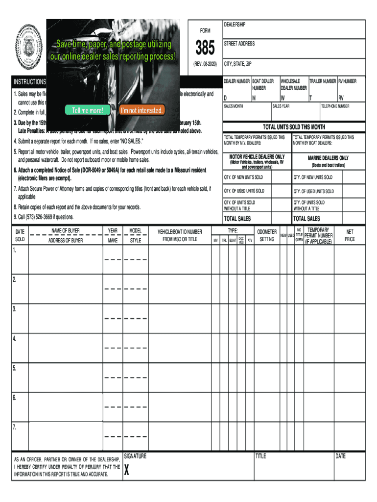  Form 385 Dealer's Sales Report MO Gov 2020