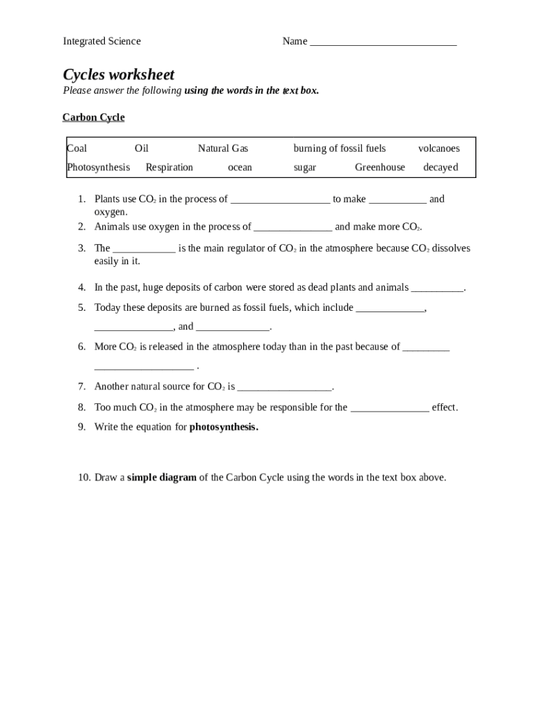 Integrated Science Cycles Worksheet  Form