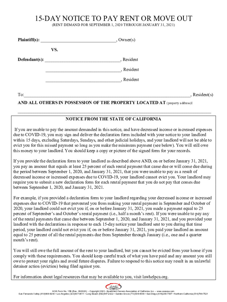 15 Day Notice to Pay or Quit California PDF  Form