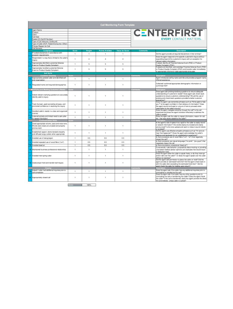 Call Monitoring Form Template