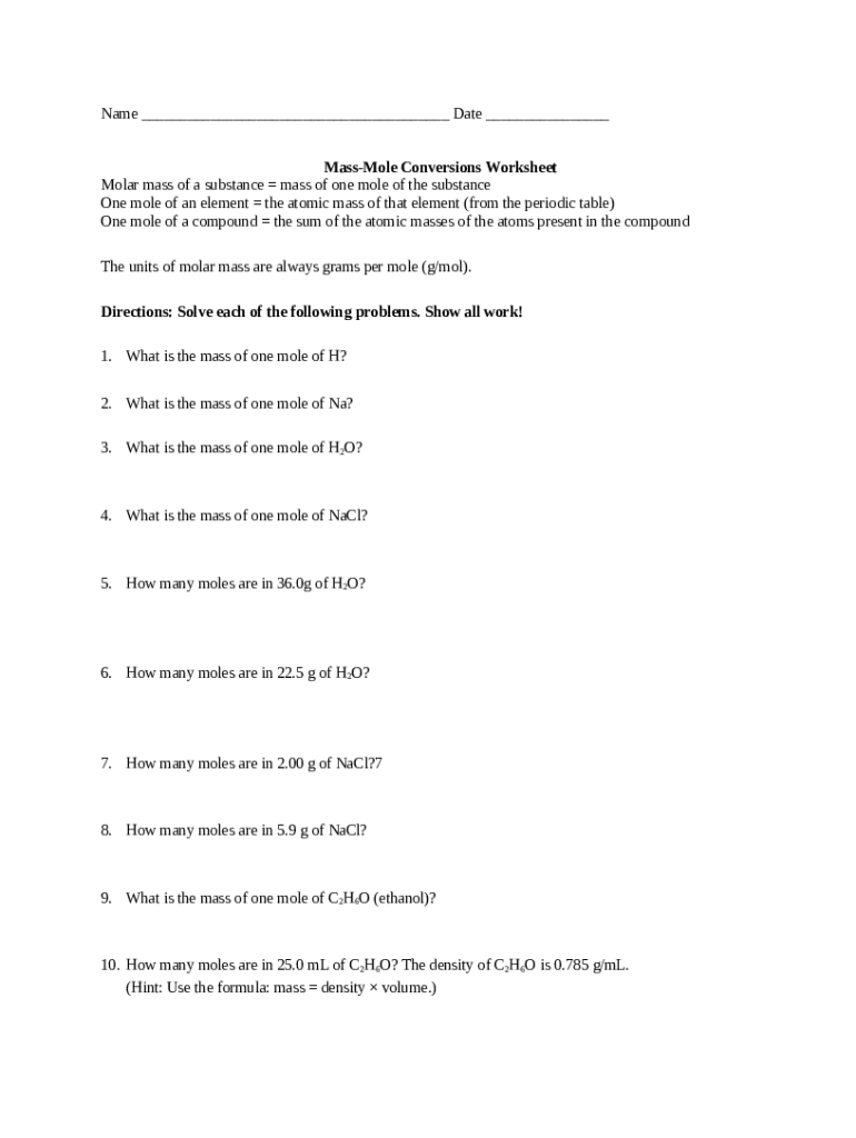 Mass Mole Conversions Worksheet  Form