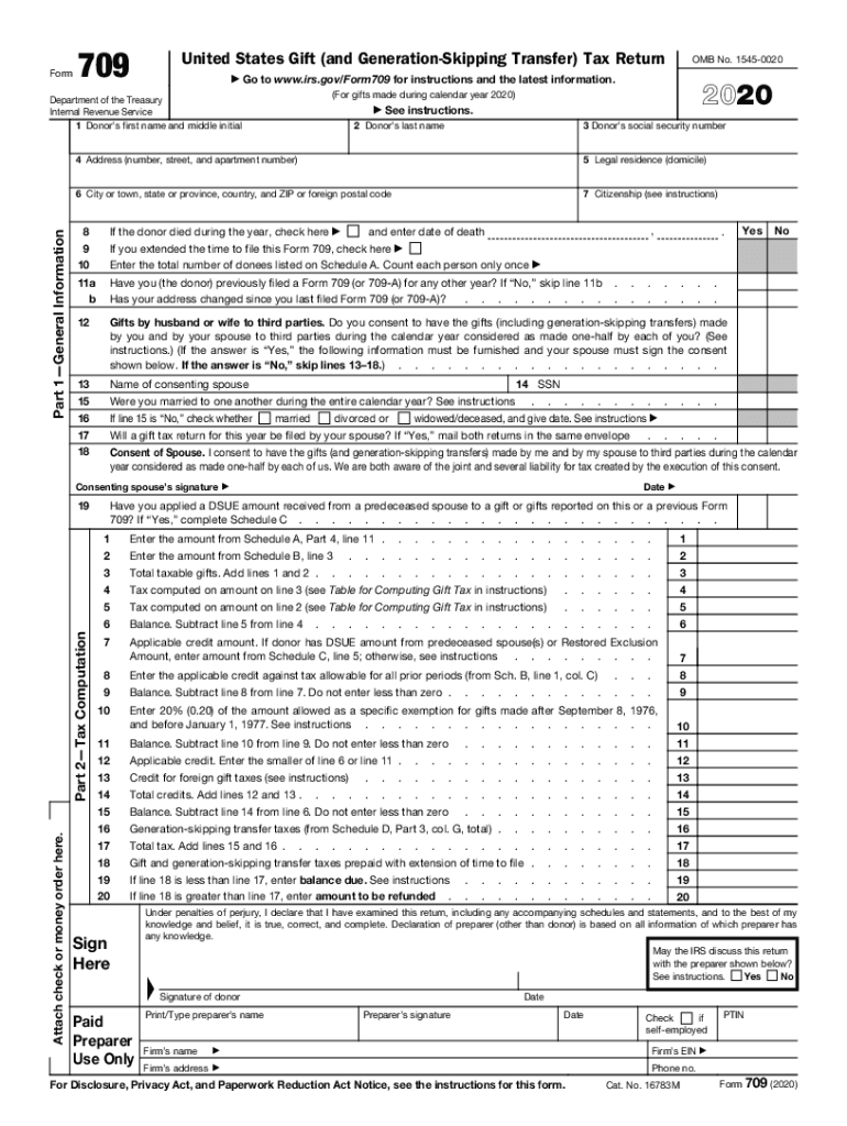  Form 709 United States Gift and Generation Skipping Transfer Tax Return 2020