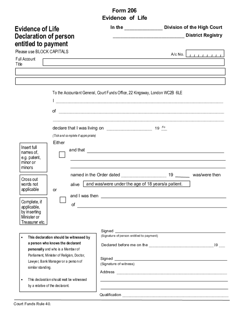 Form 206 Evidence of Life Uk