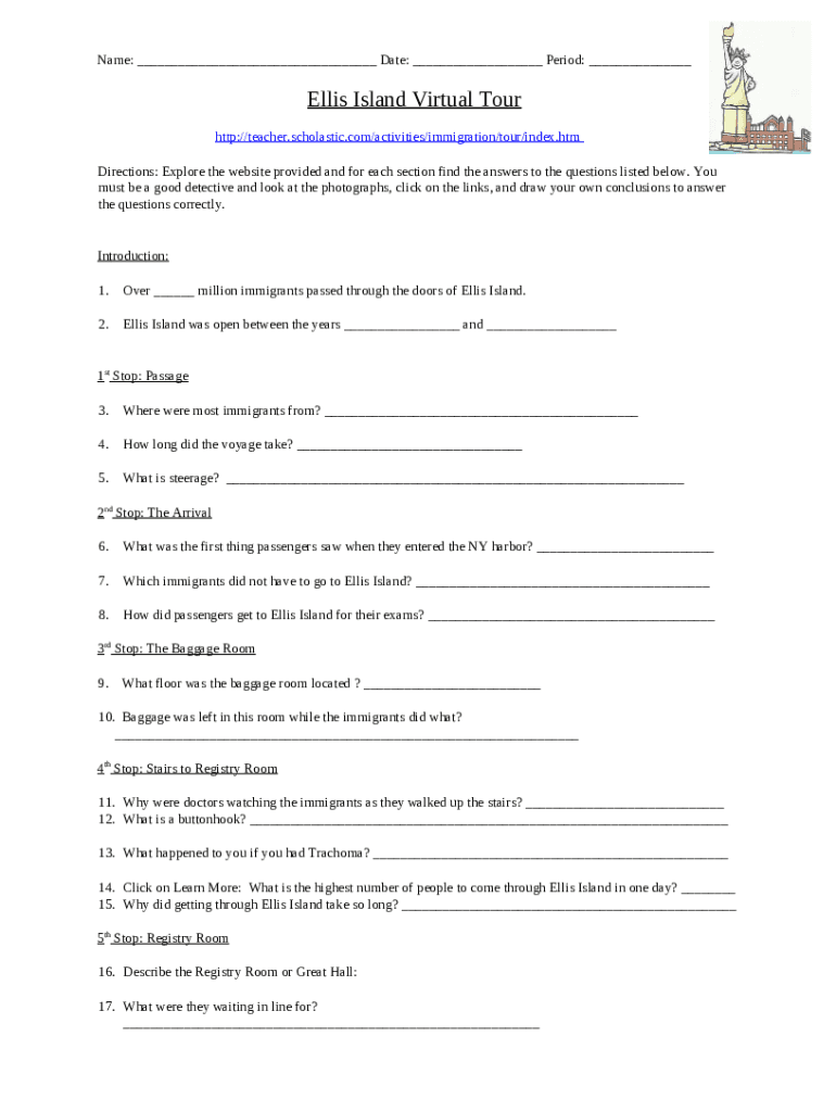 Ellis Island Virtual Tour Worksheet  Form