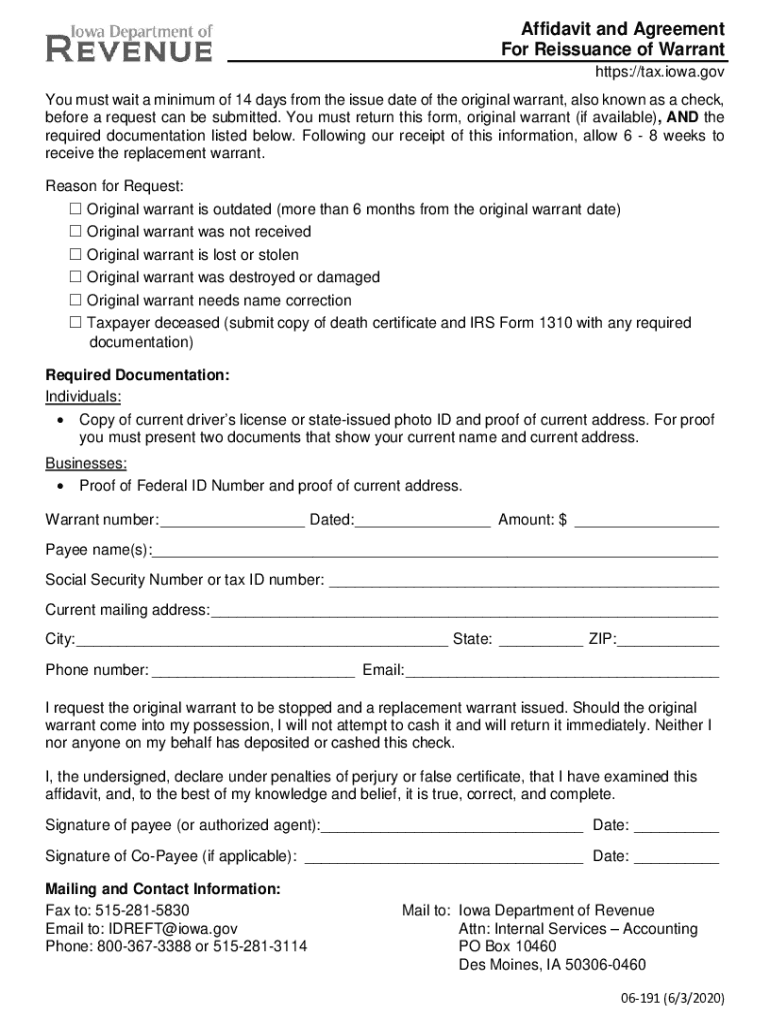  Affidavit and Agreement for Reissuance of Outdated Warrant, 06 191 2020-2024