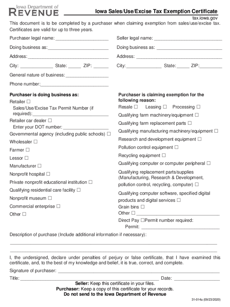 Iowa Sales Tax Exemption Certificate 20202024 Form Fill Out and Sign