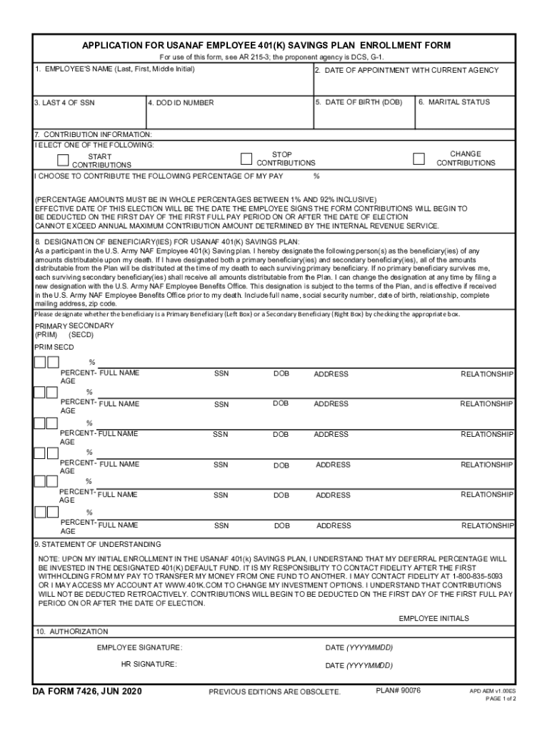  APPLICATION for USANAF EMPLOYEE 401K SAVINGS PLAN ENROLLMENT FORM DA FORM 7426, JUN 2020-2024