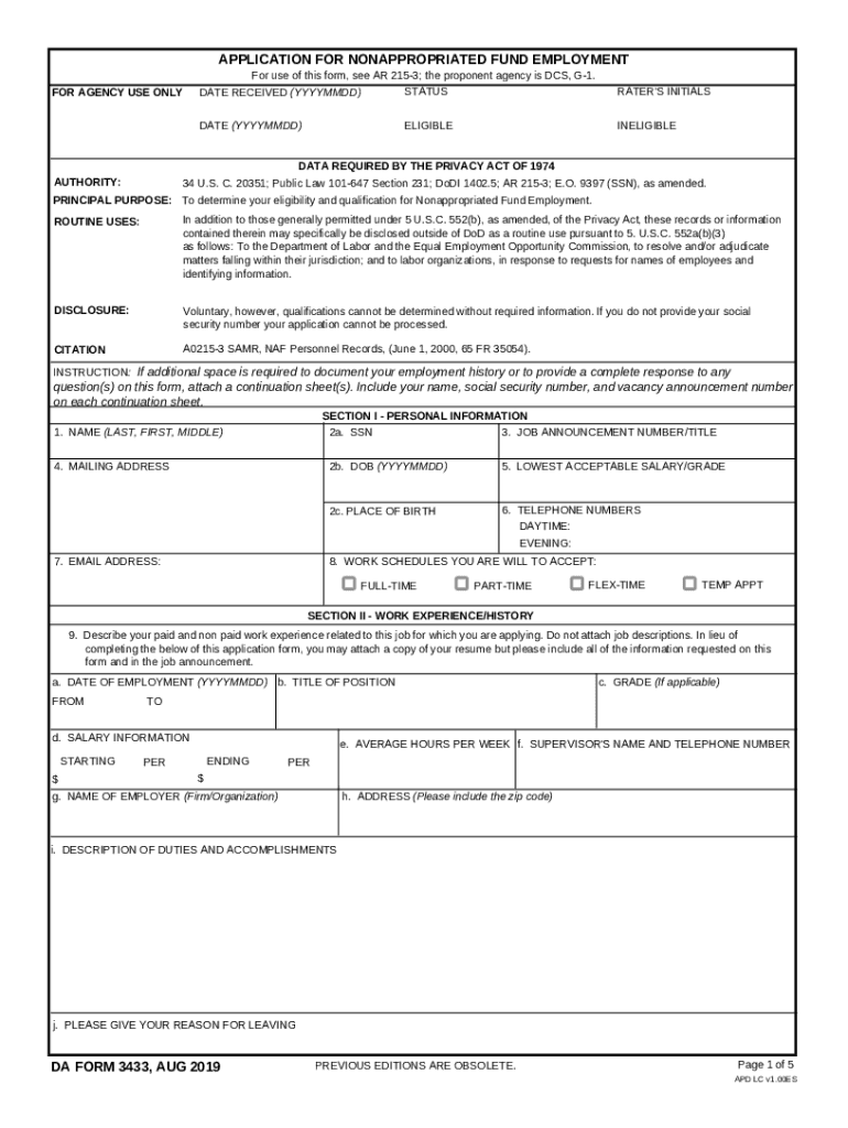  APPLICATION for NONAPPROPRIATED FUND EMPLOYMENT DA FORM 3433, AUG 2019-2024