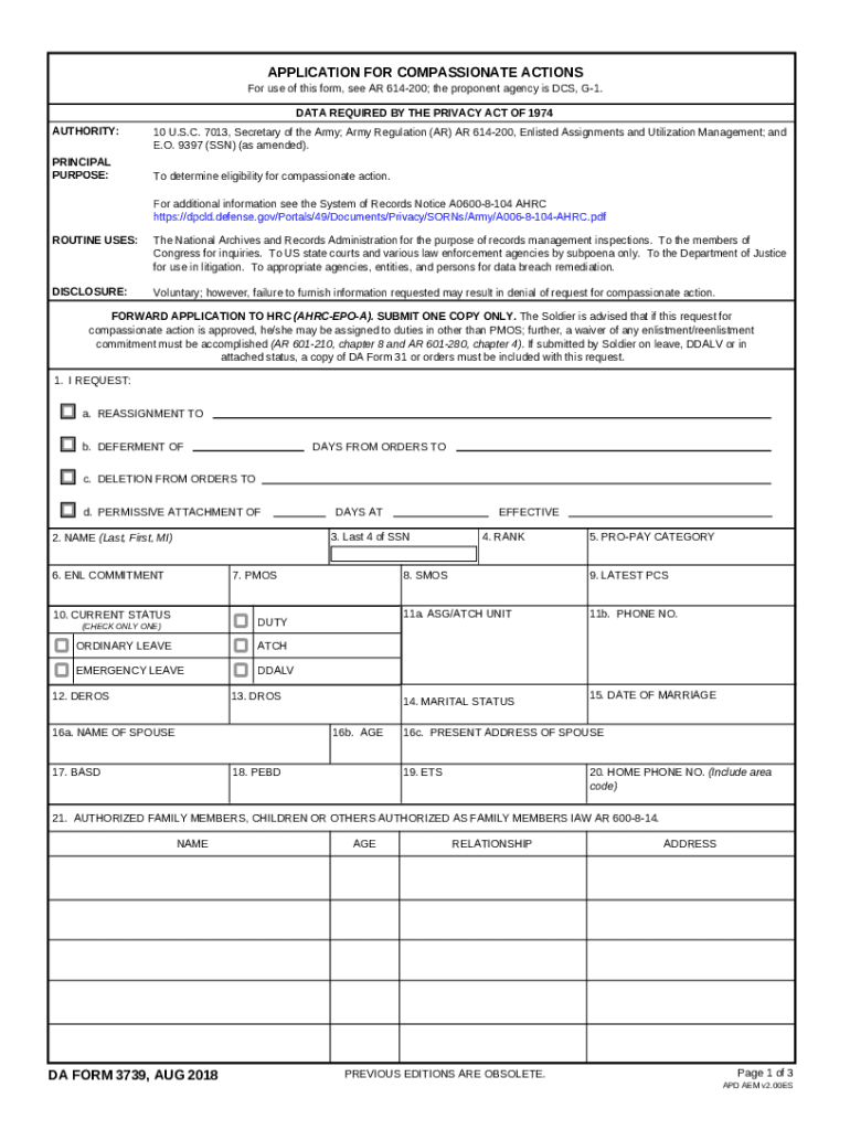 APPLICATION for COMPASSIONATE ACTIONS DA FORM 3739, AUG