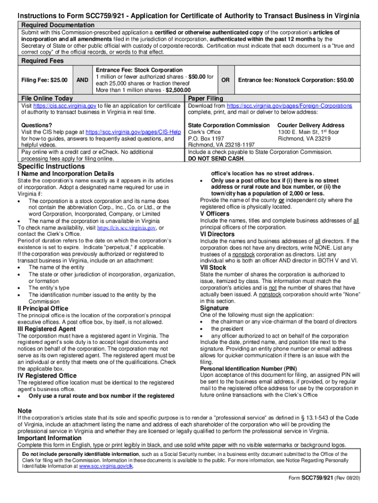 Instructions to Form SCC759921 Application for Certificate of Authority to Transact Business in Virginia