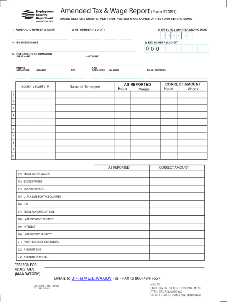 Get and Sign Form 5208D 'Amended Tax & Wage Report' Washington 2020-2022