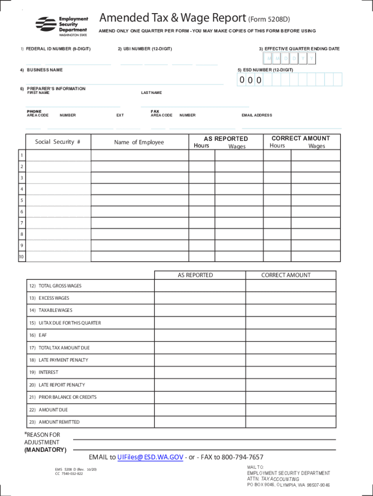  Form 5208D 'Amended Tax & Wage Report' Washington 2020-2024