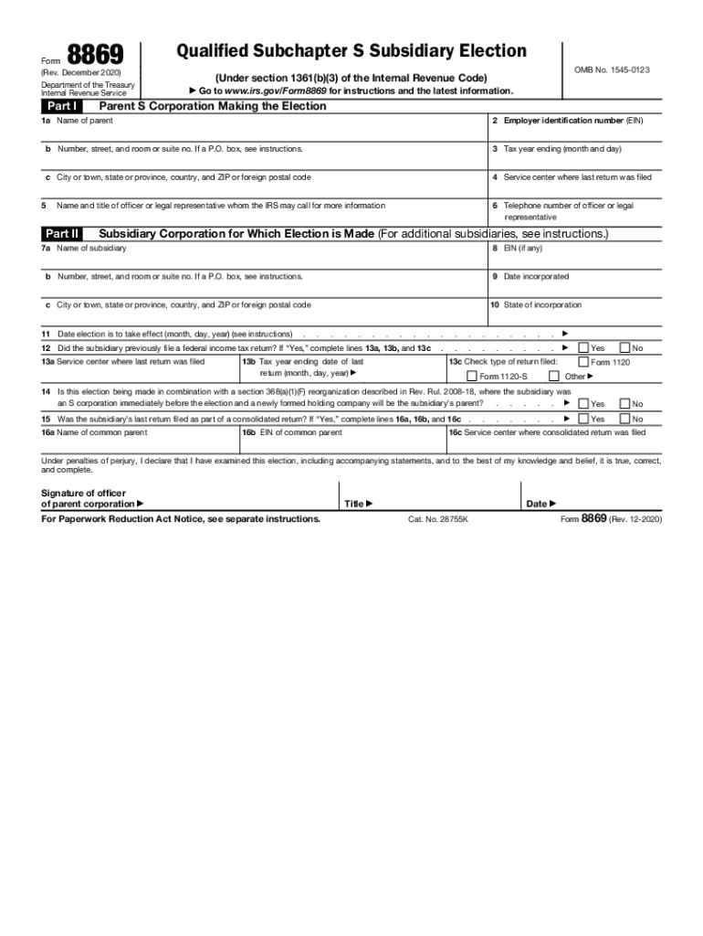  Form 8869 Rev December Qualified Subchapter S Subsidiary Election 2020-2024