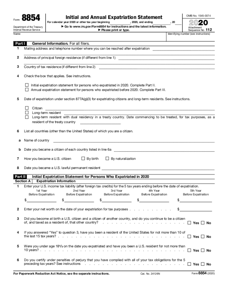  Form 8854 Initial and Annual Expatriation Statement 2020