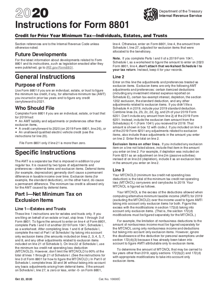  Instructions for Form 8801 Instructions for Form 8801, Credit for Prior Year Minimum TaxIndividuals, Estates, and Trusts 2020