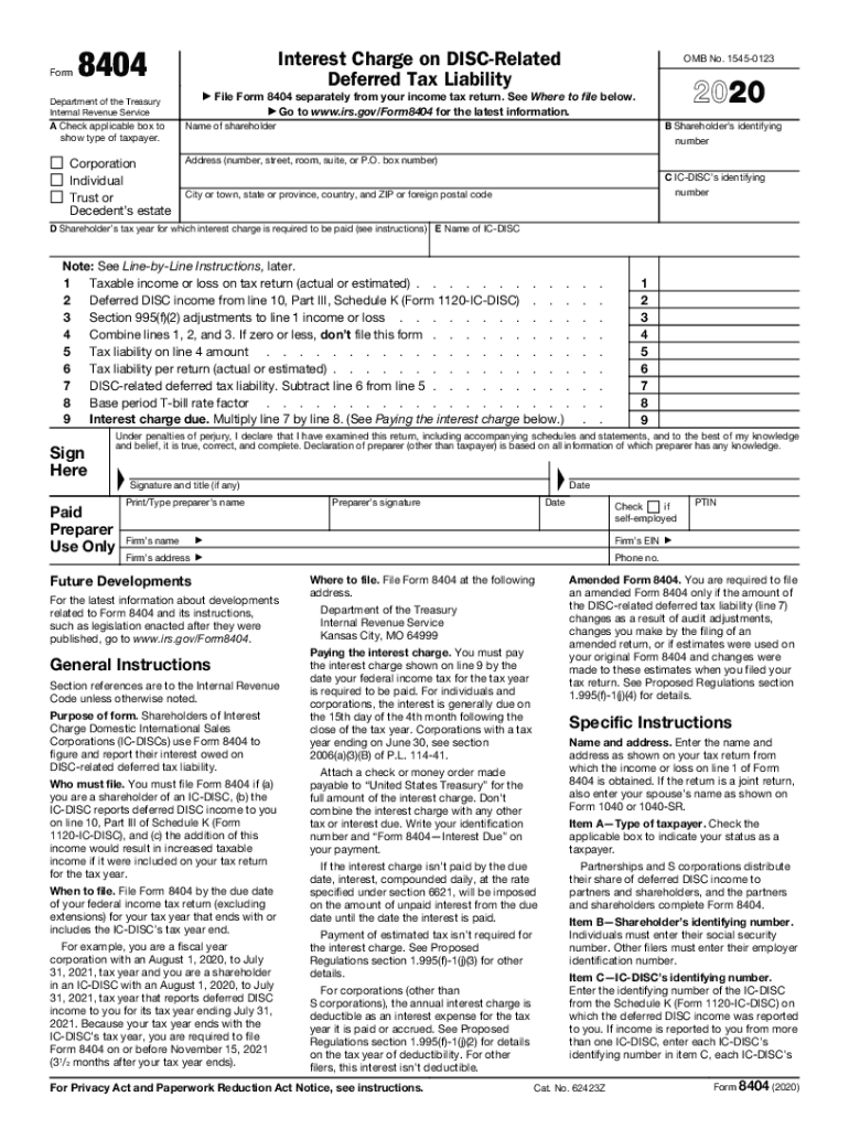  Form 8404 Interest Charge on DISC Related Deferred Tax Liability 2020