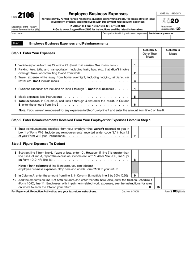  Form 2106 Employee Business Expenses 2020