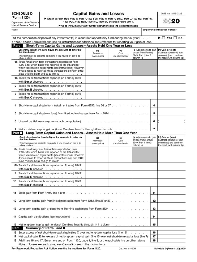  Schedule D Form 1120 Capital Gains and Losses 2020