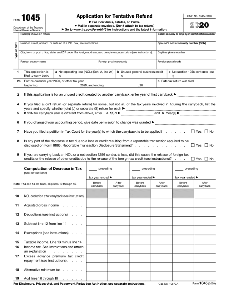 Get and Sign Form 1045 Application for Tentative Refund 2020-2022