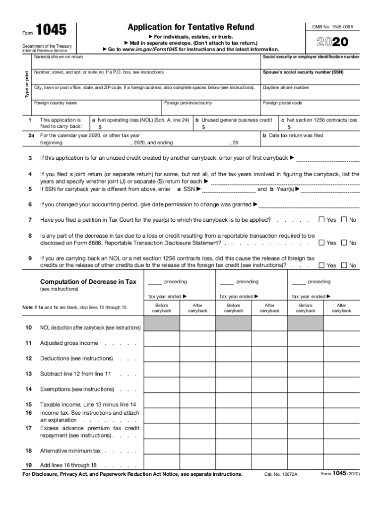  Form 1045 Application for Tentative Refund 2020