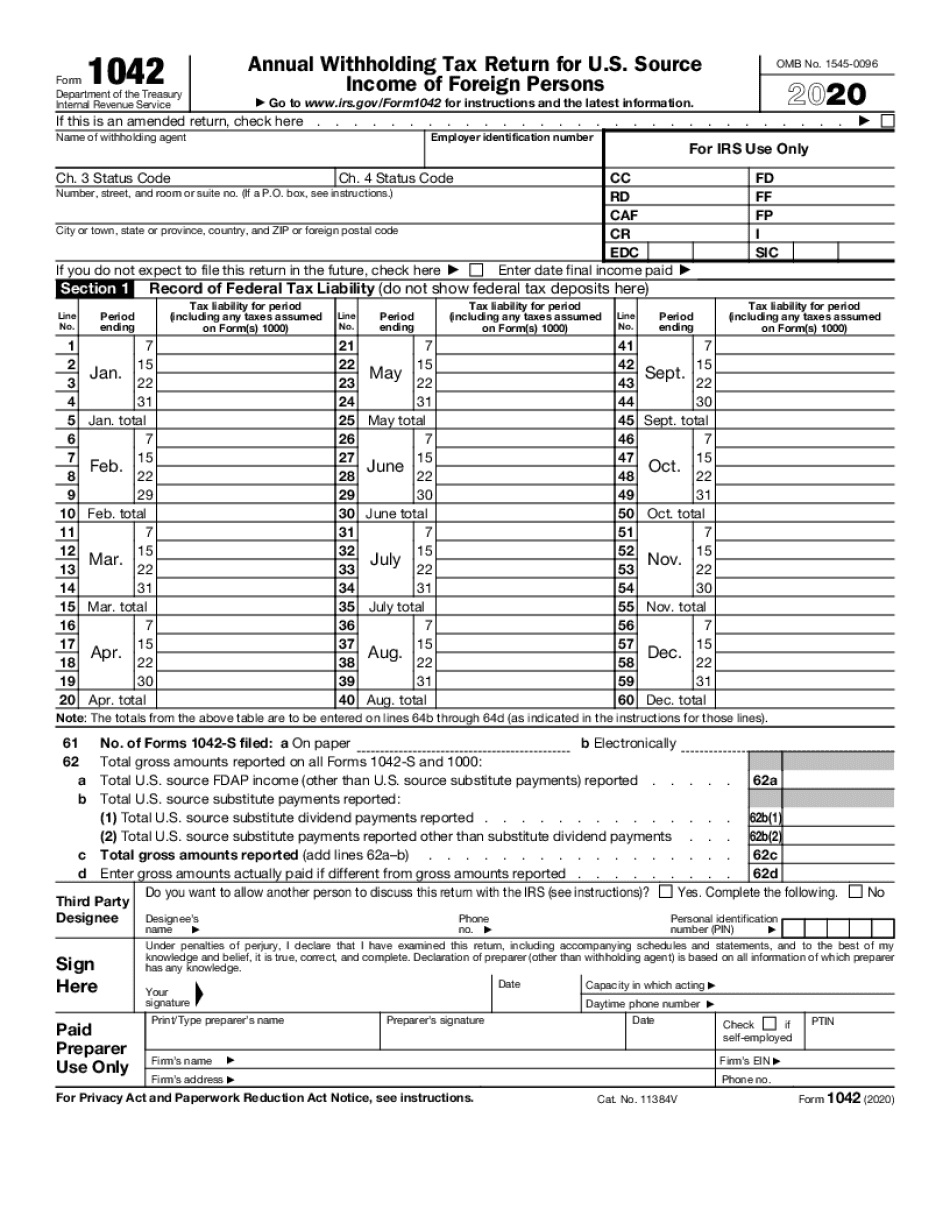 Form 1042 Annual Withholding Tax Return for U S Source Income of Foreign Persons