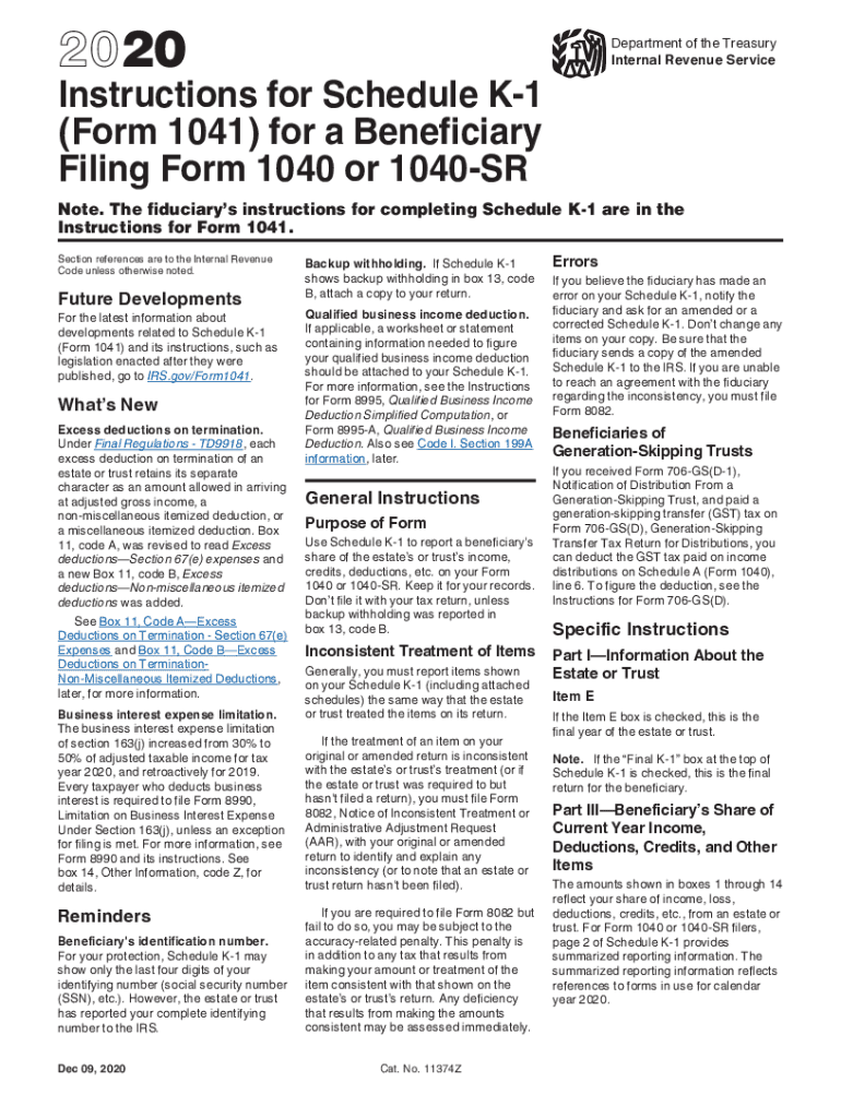  Instructions for Schedule K 1 Form 1041 for a Beneficiary Filing Form 1040 or 1040 SR Instructions for Schedule K 1 Form 1041 Fo 2020