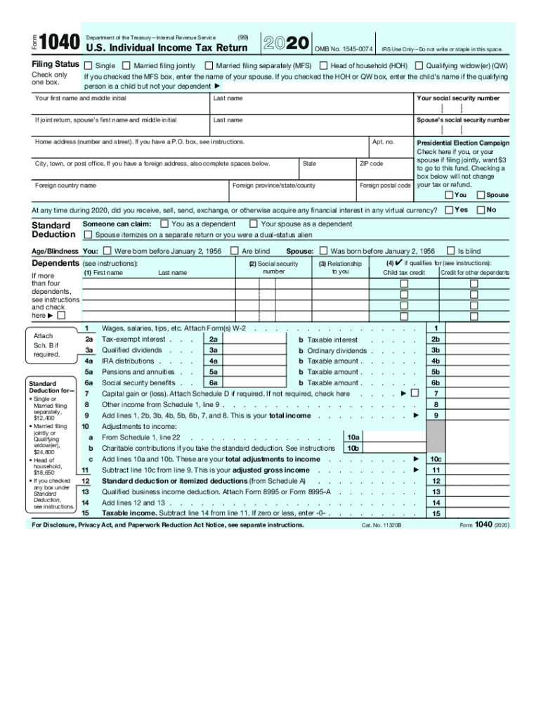 Form 1040 U S Individual Income Tax Return 2020