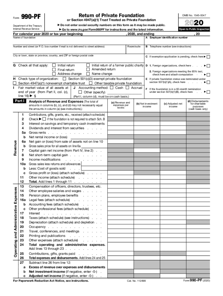  Form 990 PF Return of Private Foundation or Section 4947a1 Trust Treated as Private Foundation 2020