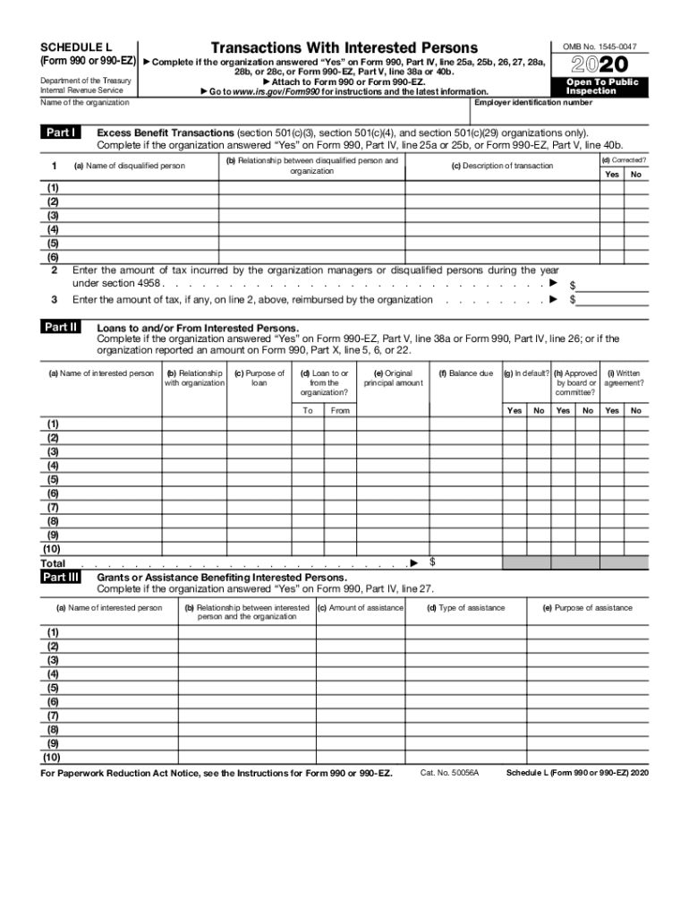  Form IRS 990 or 990 EZ Schedule L Fill Online 2020