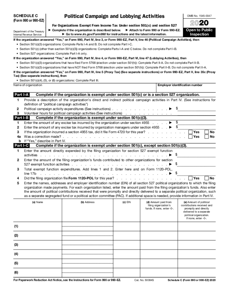  Schedule C Form 990 or 990 EZ Political Campaign and Lobbying Activities 2020