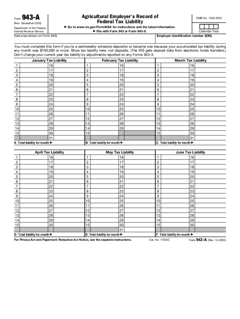 Form 943 a Rev December Agricultural Employer's Record of Federal Tax Liability