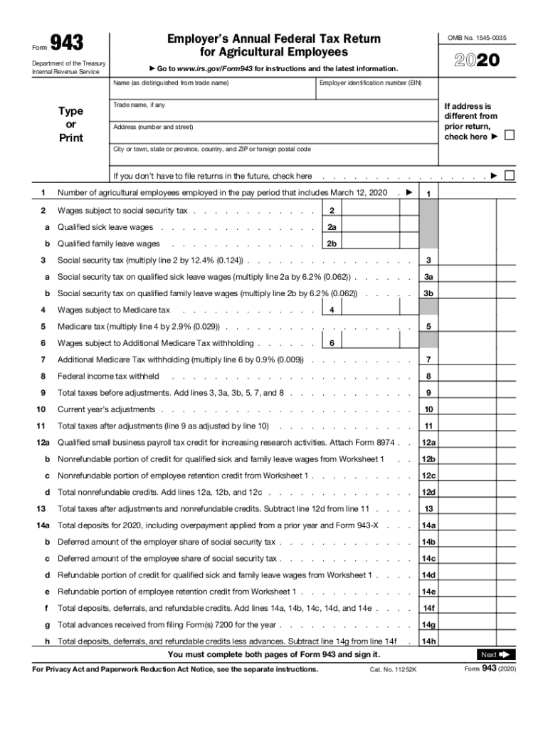  Form 943 Employer's Annual Federal Tax Return for Agricultural Employees 2020