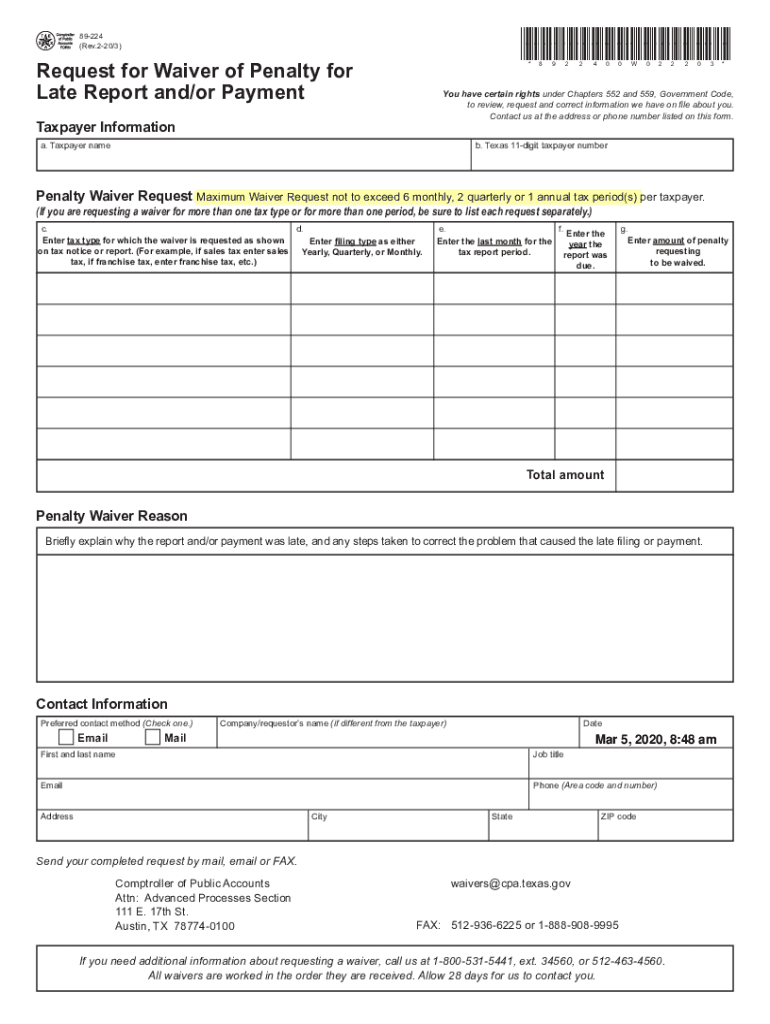 Form 89 224, Request For Waiver Of Penalty For Late Report - Fill Out and Sign Printable PDF ...