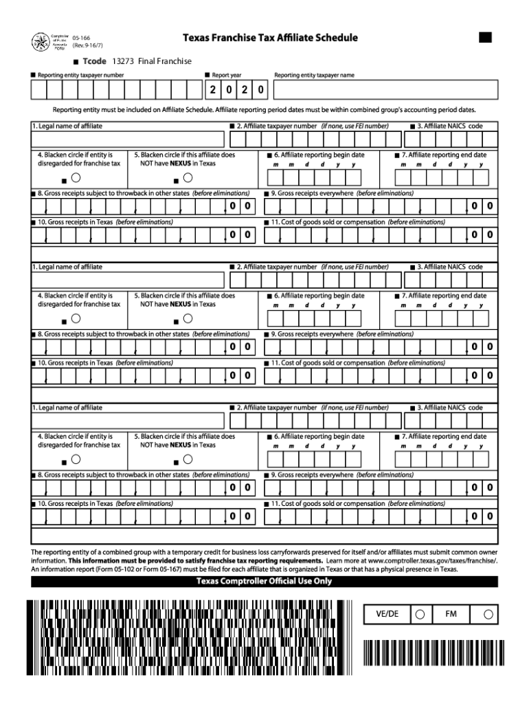  05 166 Texas Franchise Tax Affiliate Schedule for Final Report 2020