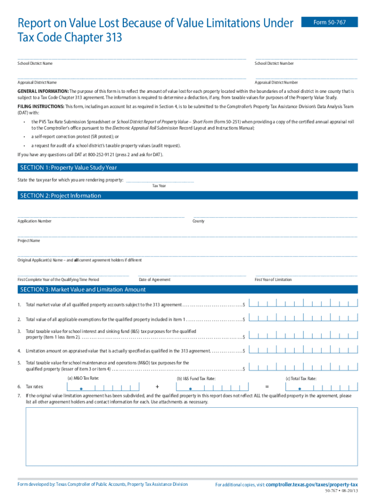  Report on Value Lost because of Value Limitations under Tax Code Chapter 313 Form 50 767 2020