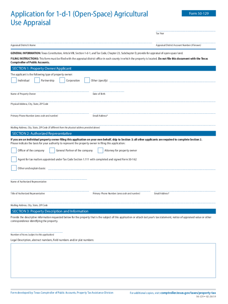  50 129 Application for 1 D 1 Open Space Agricultural Use Appraisal 2020