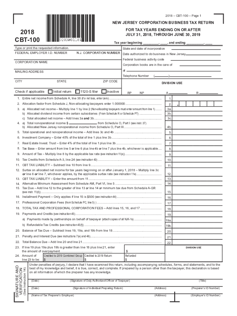  Form NJ CBT 100S Fill Online, Printable, Fillable 2018-2024