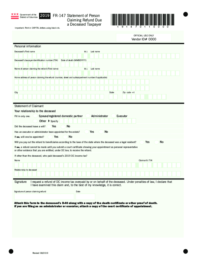  PDF Form FR 147 Statement of Person Claiming Refund Due a 2019