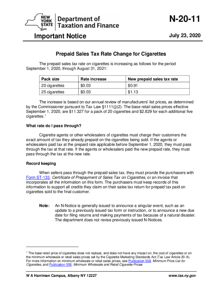  N 20 11 Prepaid Sales Tax Rate Change for Cigarettes 2020-2024