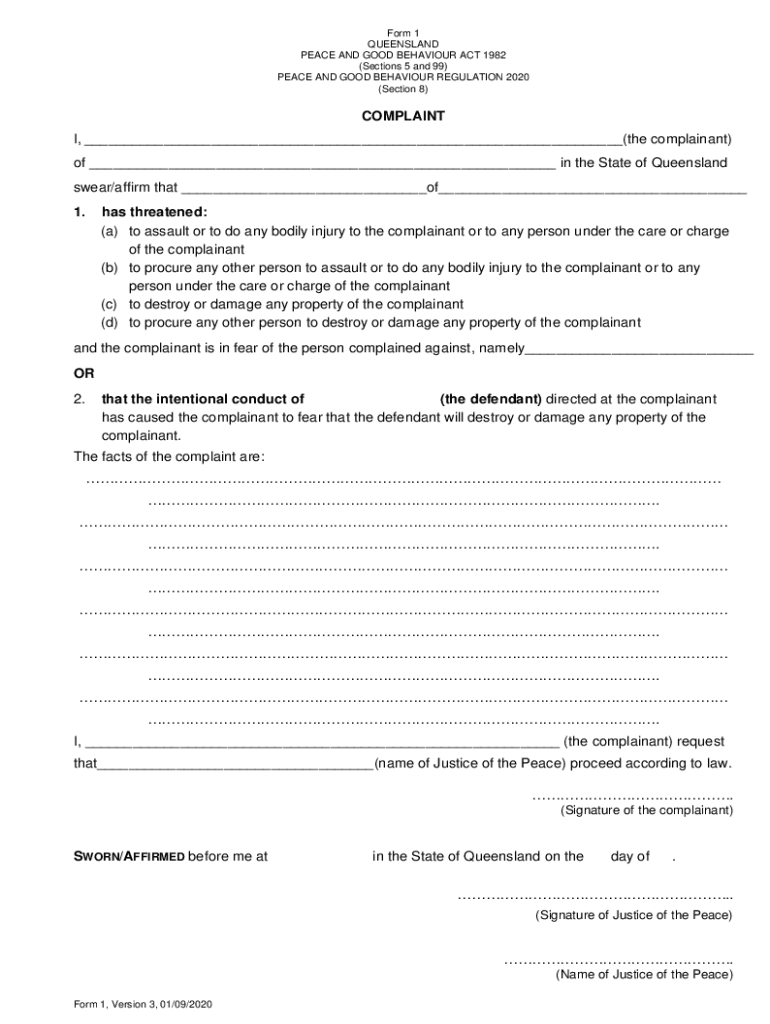 Peace and Good Behaviour Act 1982 Form 1 Complaint Peace and Good Behaviour Act 1982 Form