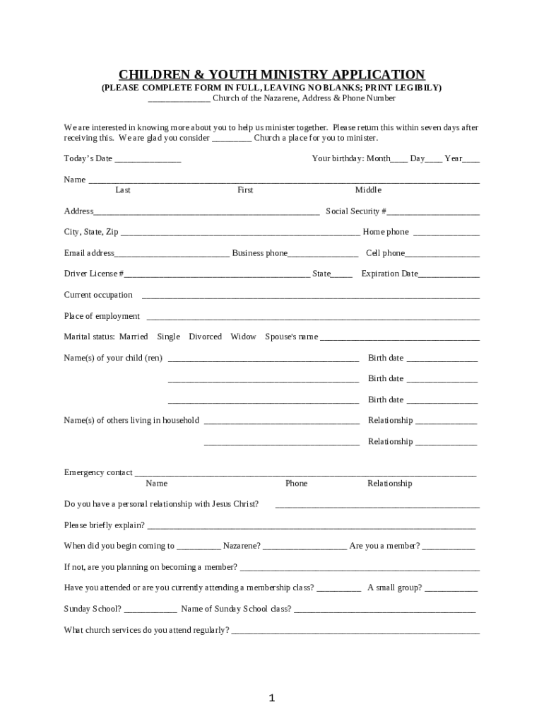 Children&#039;s Ministry Application Template  Form