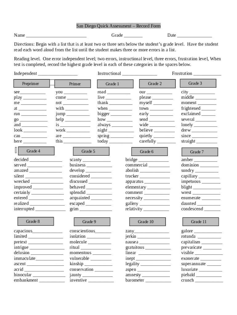 San Diego Quick Assessment Record Form