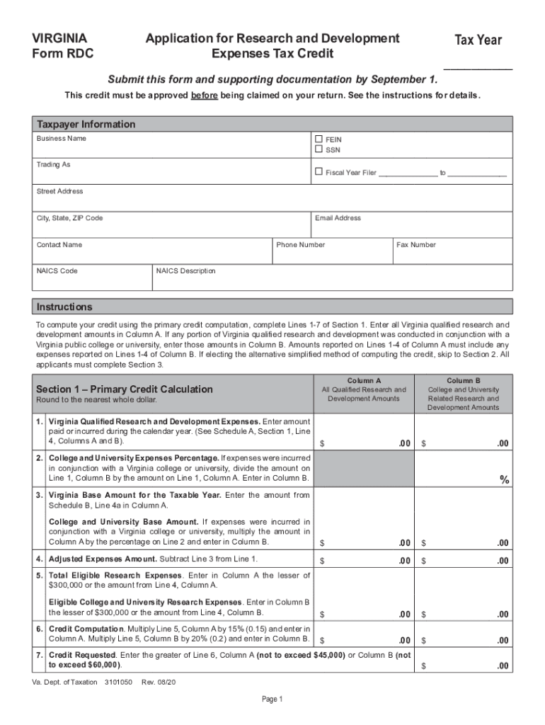  Form RDC Application for Research and Development Expenses Tax Credit Virginia Form RDC Application for Research and Development 2020