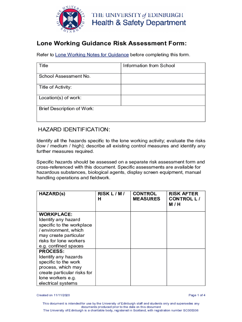  Lone Working Guidance Risk Assessment Form 2020-2024