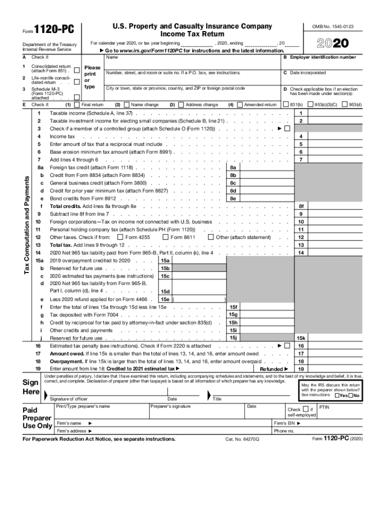  Form 1120 PC U S Property and Casualty Insurance Company Income Tax Return 2020