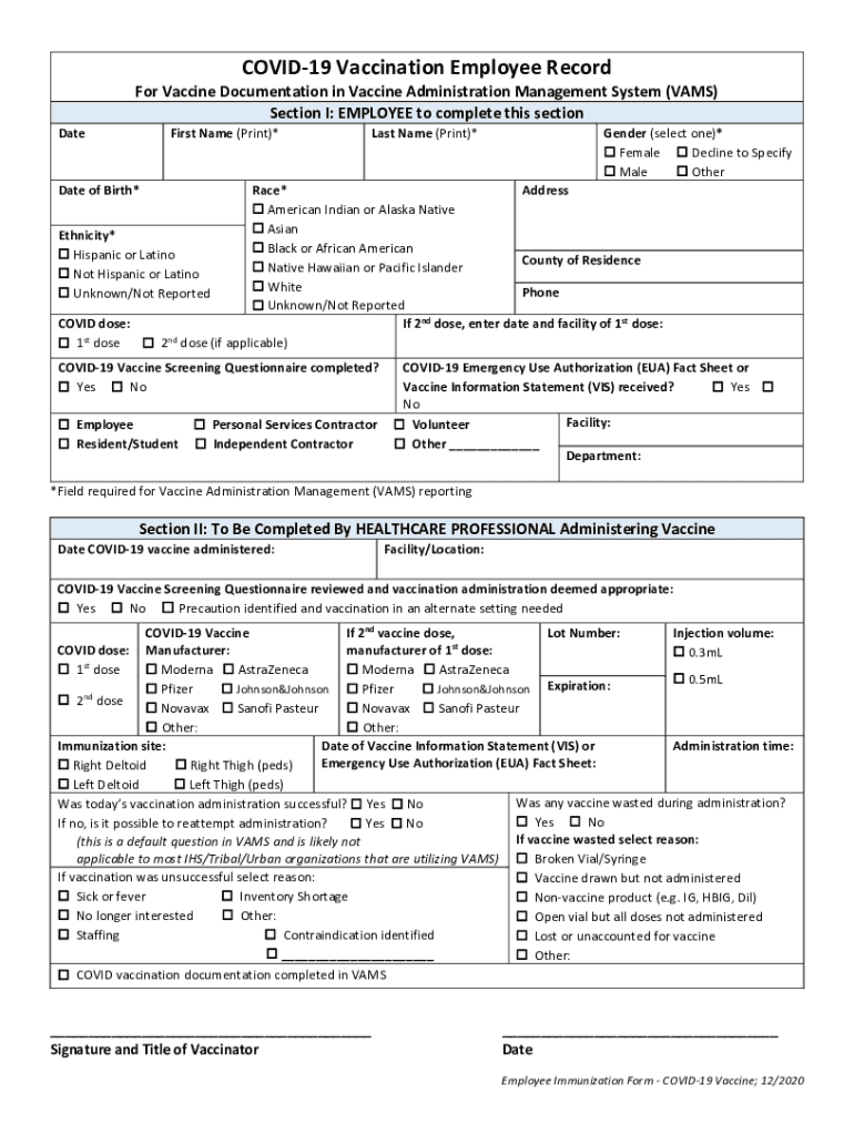 COVID 19 Vaccination Employee Record  Form